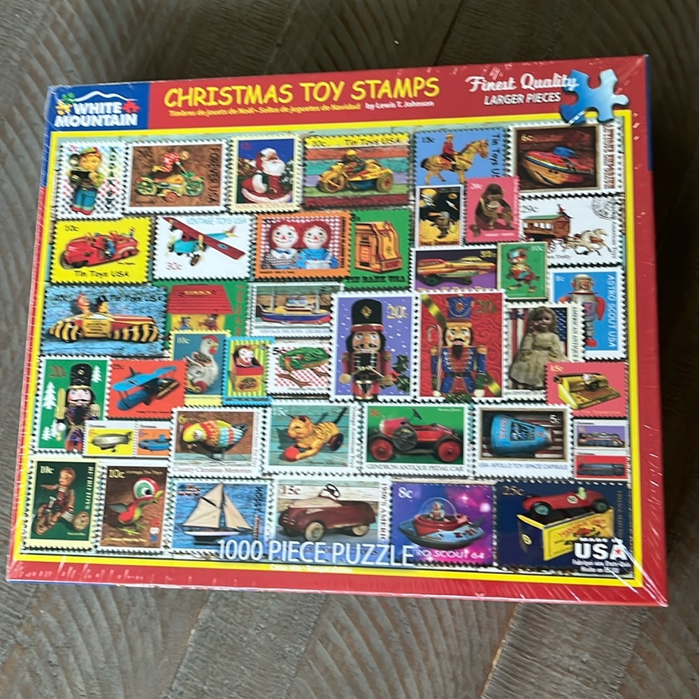 White Mountain Puzzle- Christmas Toy Stamps 1,000 Piece.#1403- 2018.